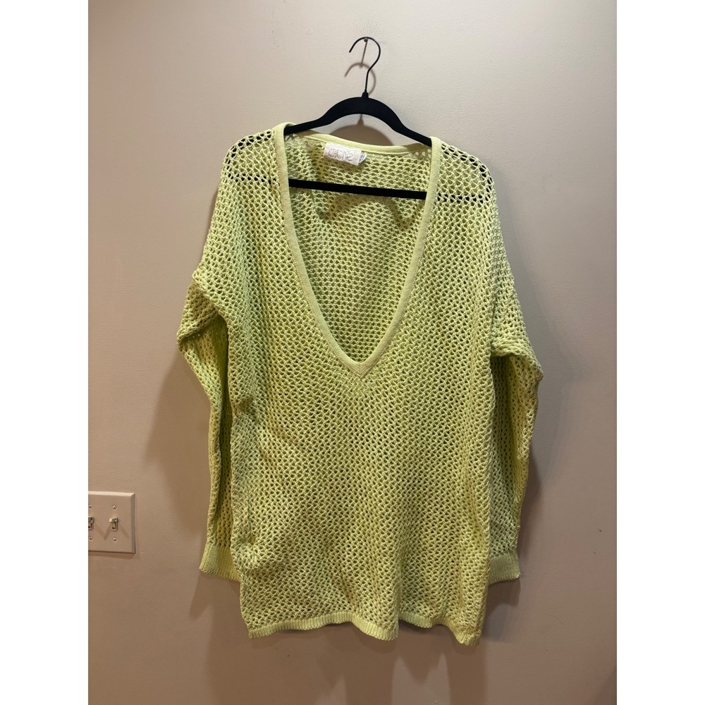 Y2K Cache‎ Lime Green Open Knit Crochet V-Neck Sweater Cotton One Size Fits All